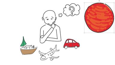 Person thinking about travel options: boat, plane, car, or planet.