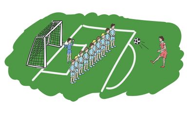 Soccer player taking a free kick against wall defense.